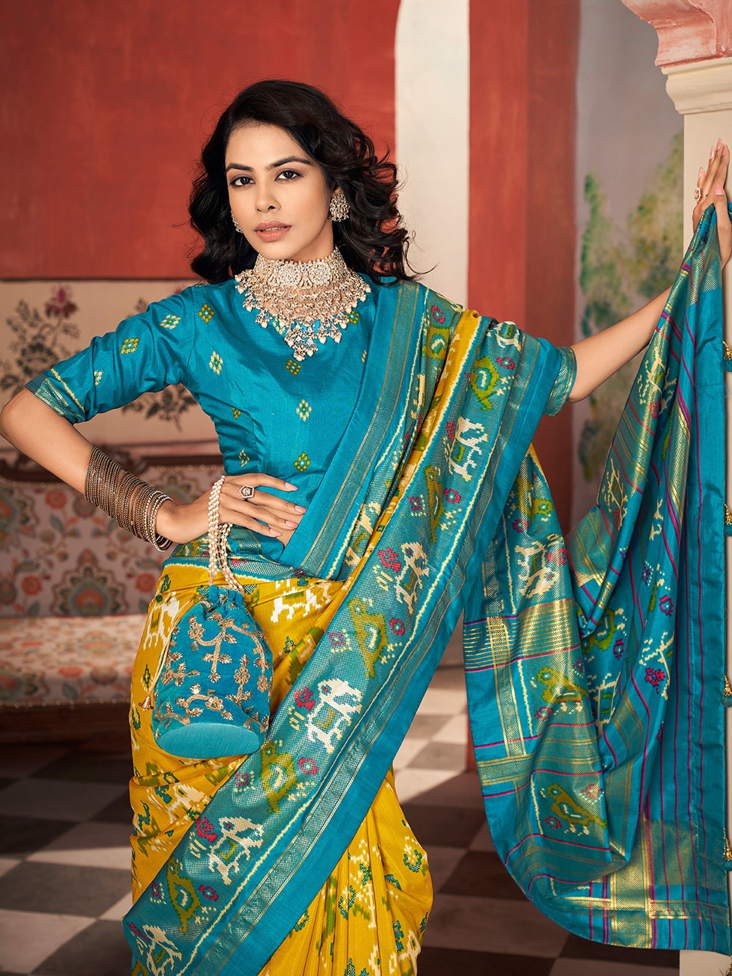 Yellow Teal Blue Tussar Silk Printed Patola Zari Border Blouse Saree - Ressa