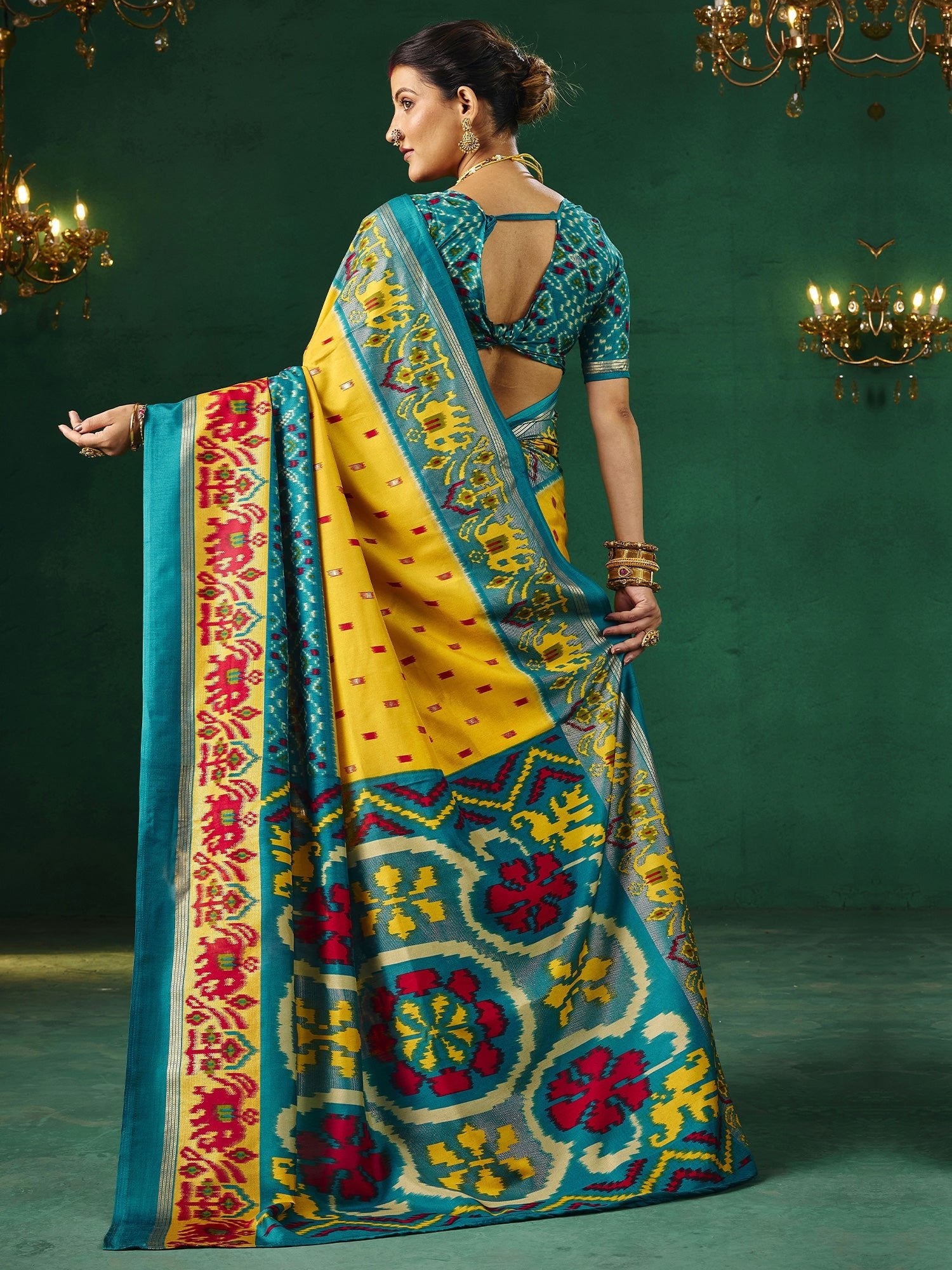 Yellow & Teal Patola Silk Saree with Ikat Weave - Ressa