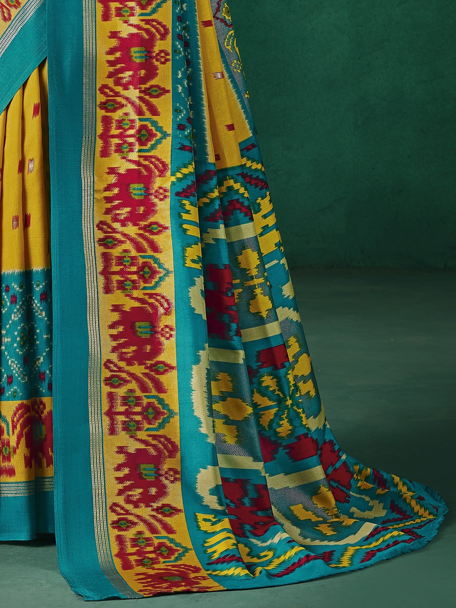 Yellow & Teal Patola Silk Saree with Ikat Weave - Ressa