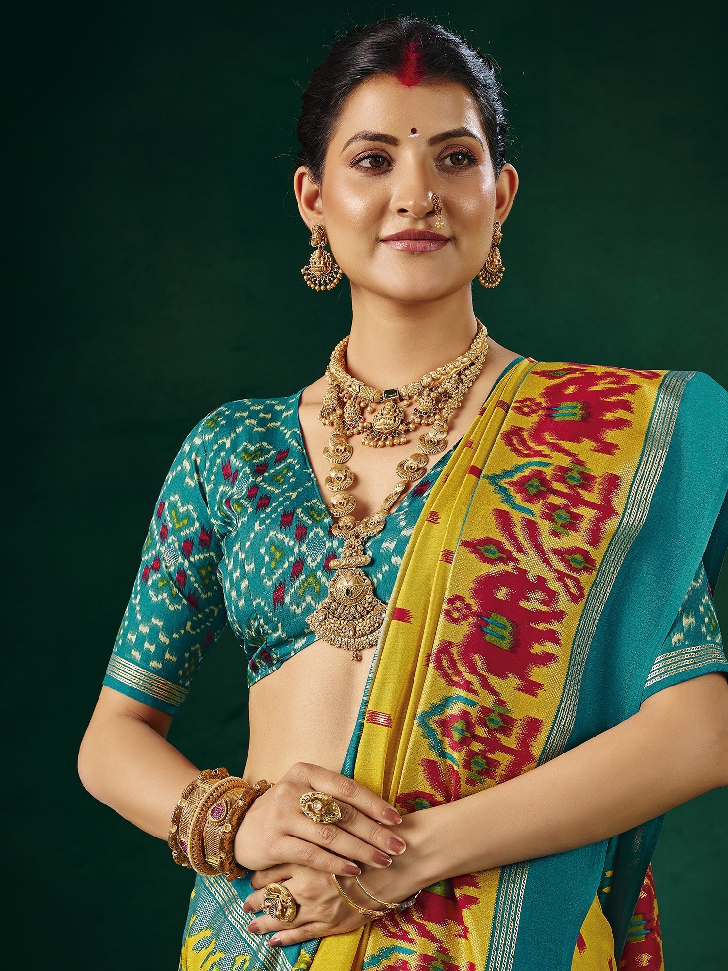 Yellow & Teal Patola Silk Saree with Ikat Weave - Ressa