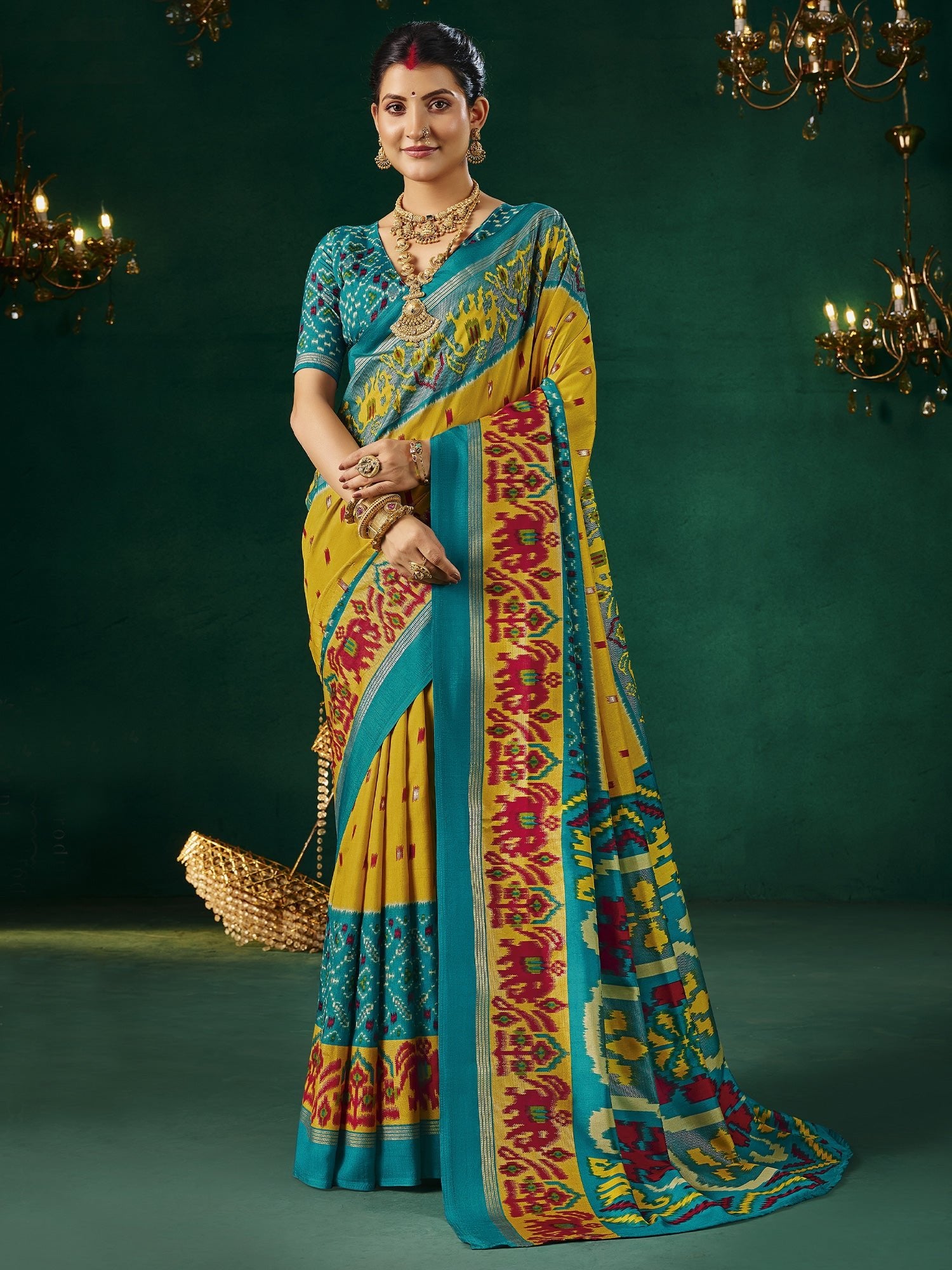 Yellow & Teal Patola Silk Saree with Ikat Weave - Ressa