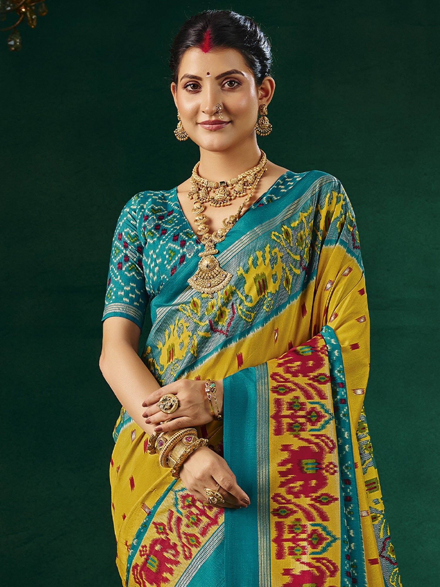 Yellow & Teal Patola Silk Saree with Ikat Weave - Ressa