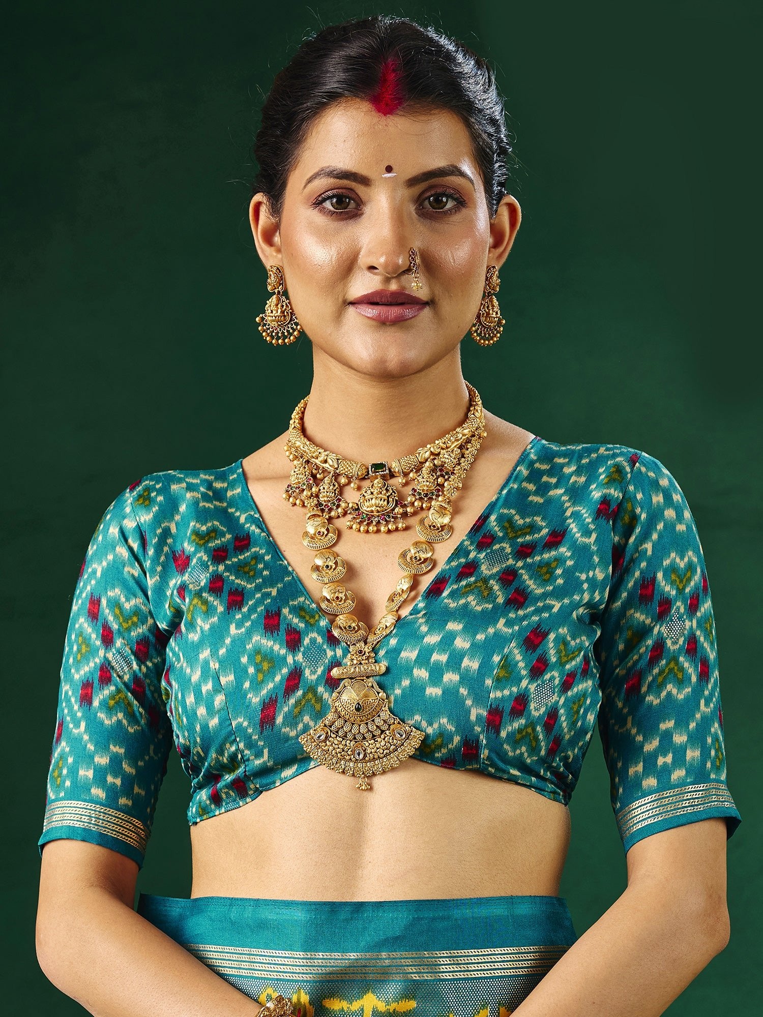Yellow & Teal Patola Silk Saree with Ikat Weave - Ressa