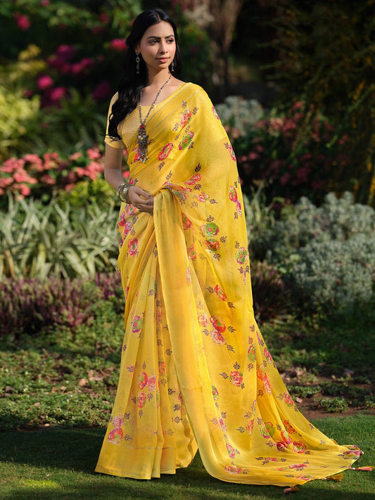 Yelow Georgette Floral Print Saree - Ressa