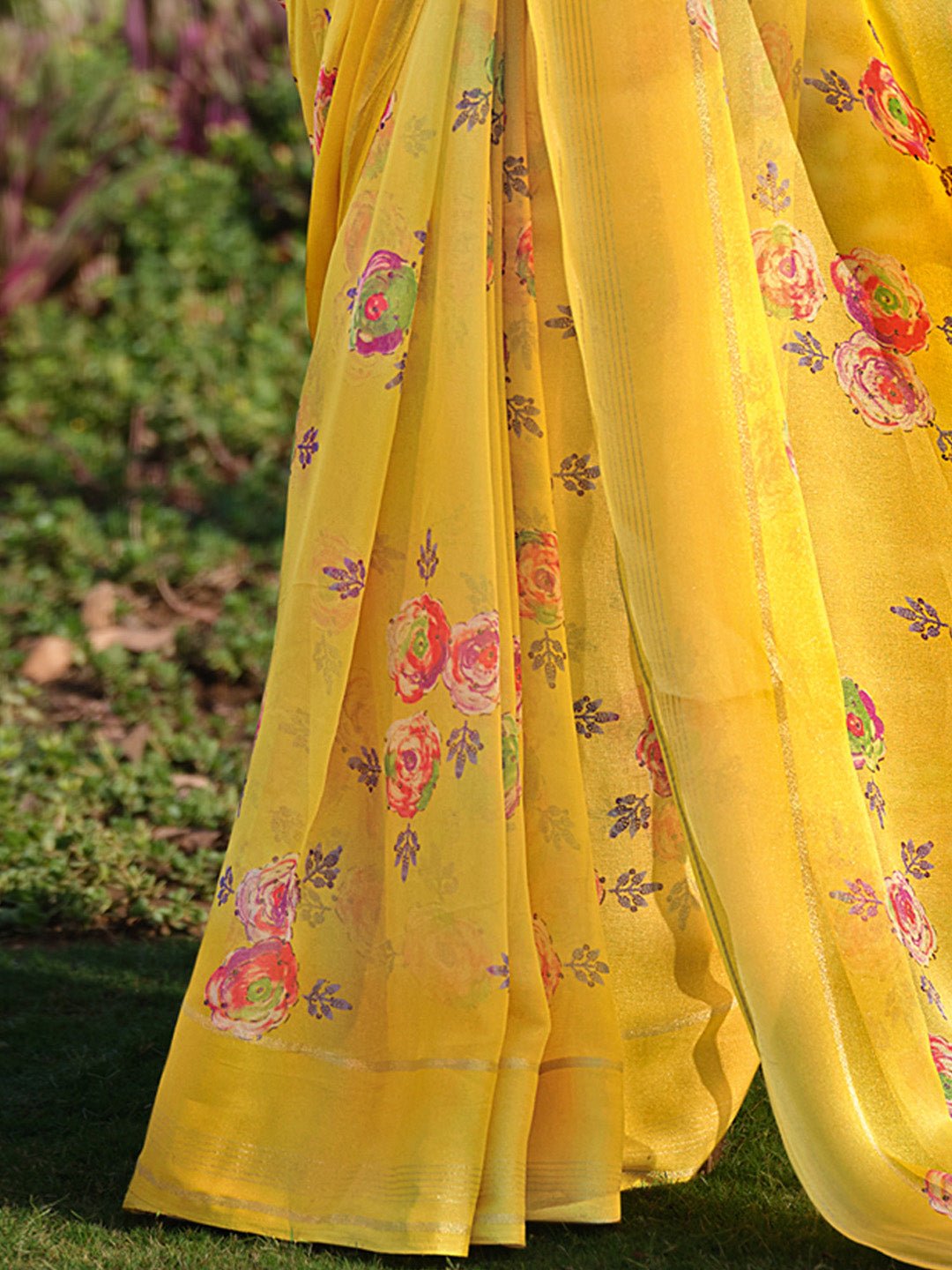Yelow Georgette Floral Print Saree - Ressa