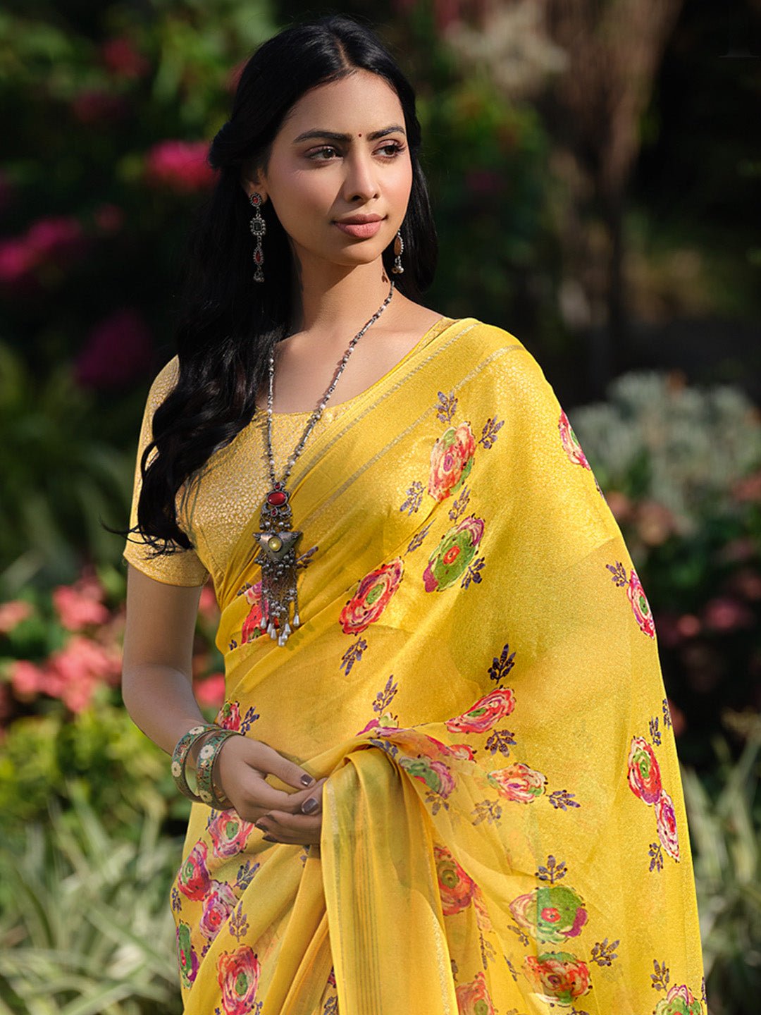 Yelow Georgette Floral Print Saree - Ressa