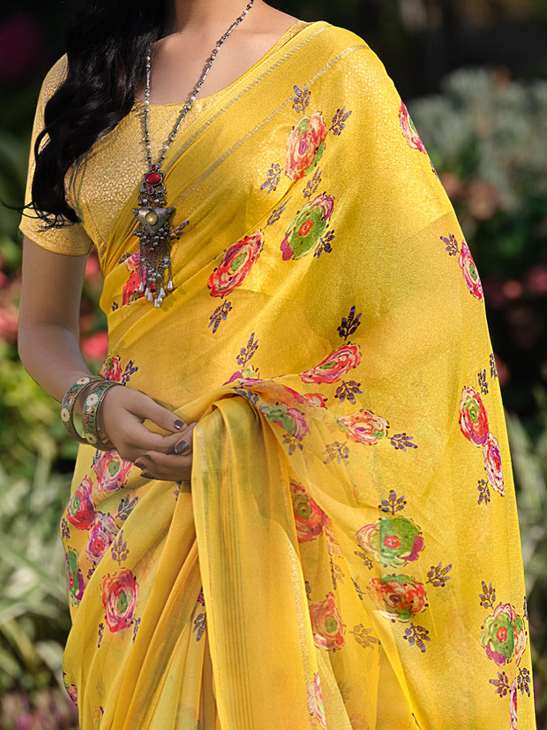 Yelow Georgette Floral Print Saree - Ressa