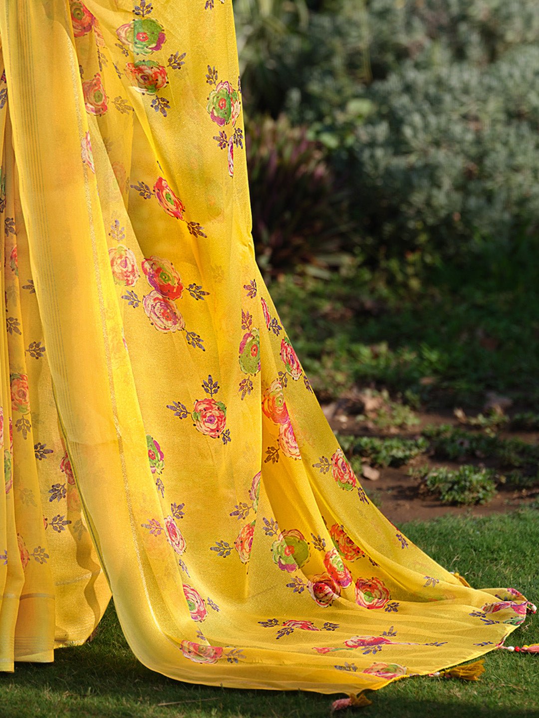 Yelow Georgette Floral Print Saree - Ressa